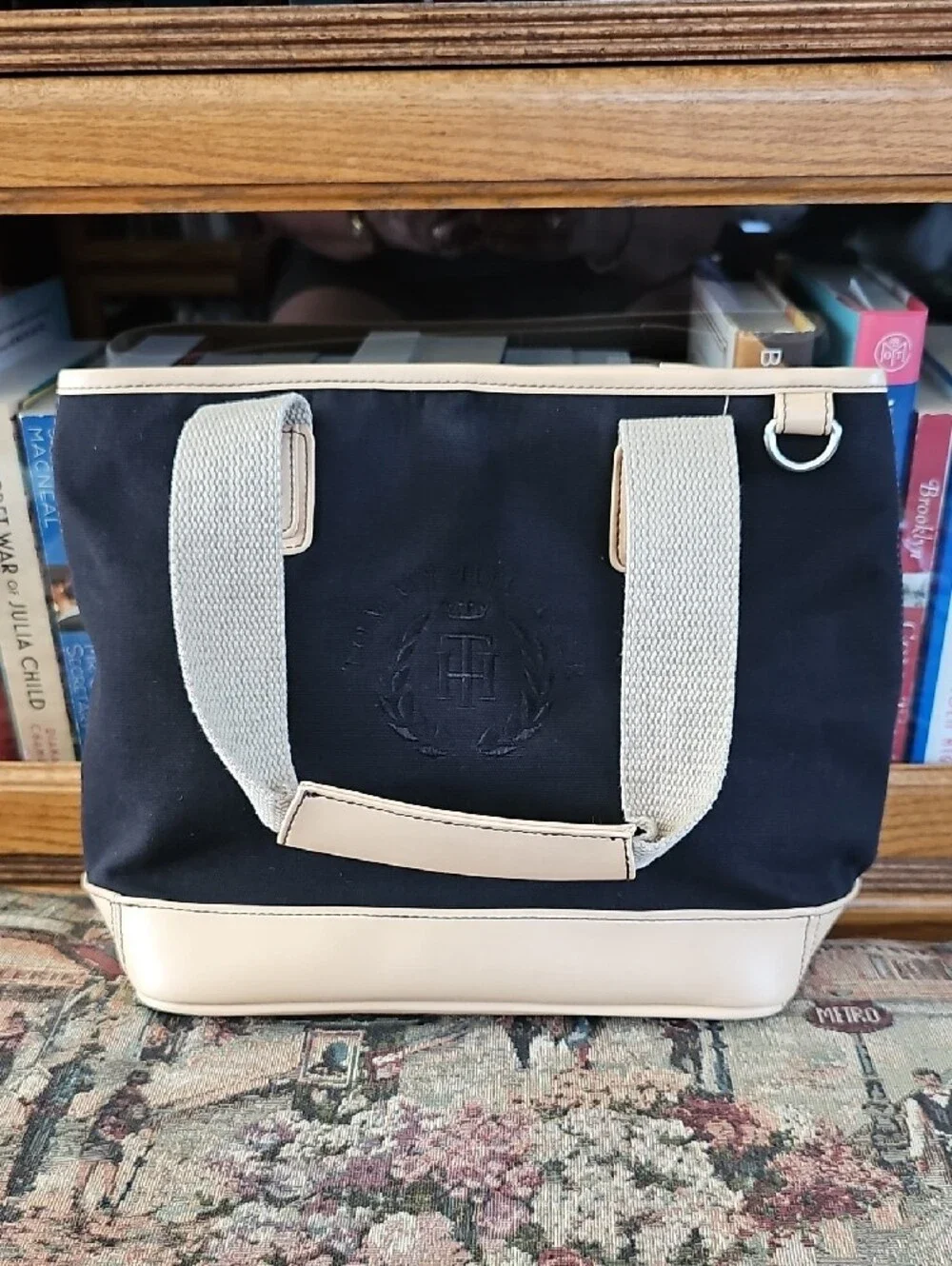 Tommy Hilfiger Black Canvas Tote with Cream Trim